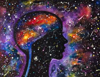 A painting of a person's head, in profile. Their brain and the background are both awash in swirls of color, galaxy-like sparks and stars, and cosmic texture.