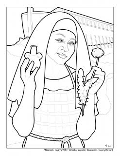 Line drawing of a friendly looking woman from biblical times holding a plant in each hand