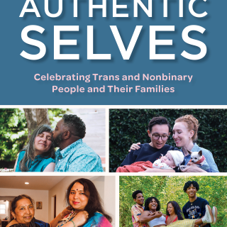Book title, Authentic Selves, at the top with four squarish images of people lovingly connecting with one another below the title