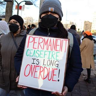 Person wearing a black mask over nose and mouth and a gray winter hat stands with other people outdoors and holds a sign saying, "Permanent Ceasefire is Long Overdue!"
