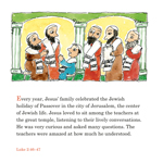 'Meet Jesus' page 5: image of a child speaking with a group of men dressed as rabbis. Text: 'Every year, Jesus' family celebrated the Jewish holiday of Passover in the city of Jerusalem, the center of Jewish life. Jesus loved to sit among the teachers at the great temple, listening to their lively conversations. He was very curious and asked many questions. The teachers were amazed at how much he understood. (Luke 2:46-47)' Copyright UUA/Skinner House Books.