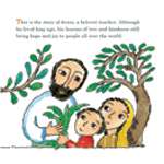 'Meet Jesus' page 1: image of a bearded man sharing food with two children. Text: 'This is the story of Jesus, a beloved teacher. Although he lived long ago, his lessons of love and kindness still bring hope and joy to people all over the world.' Copyright UUA/Skinner House Books.
